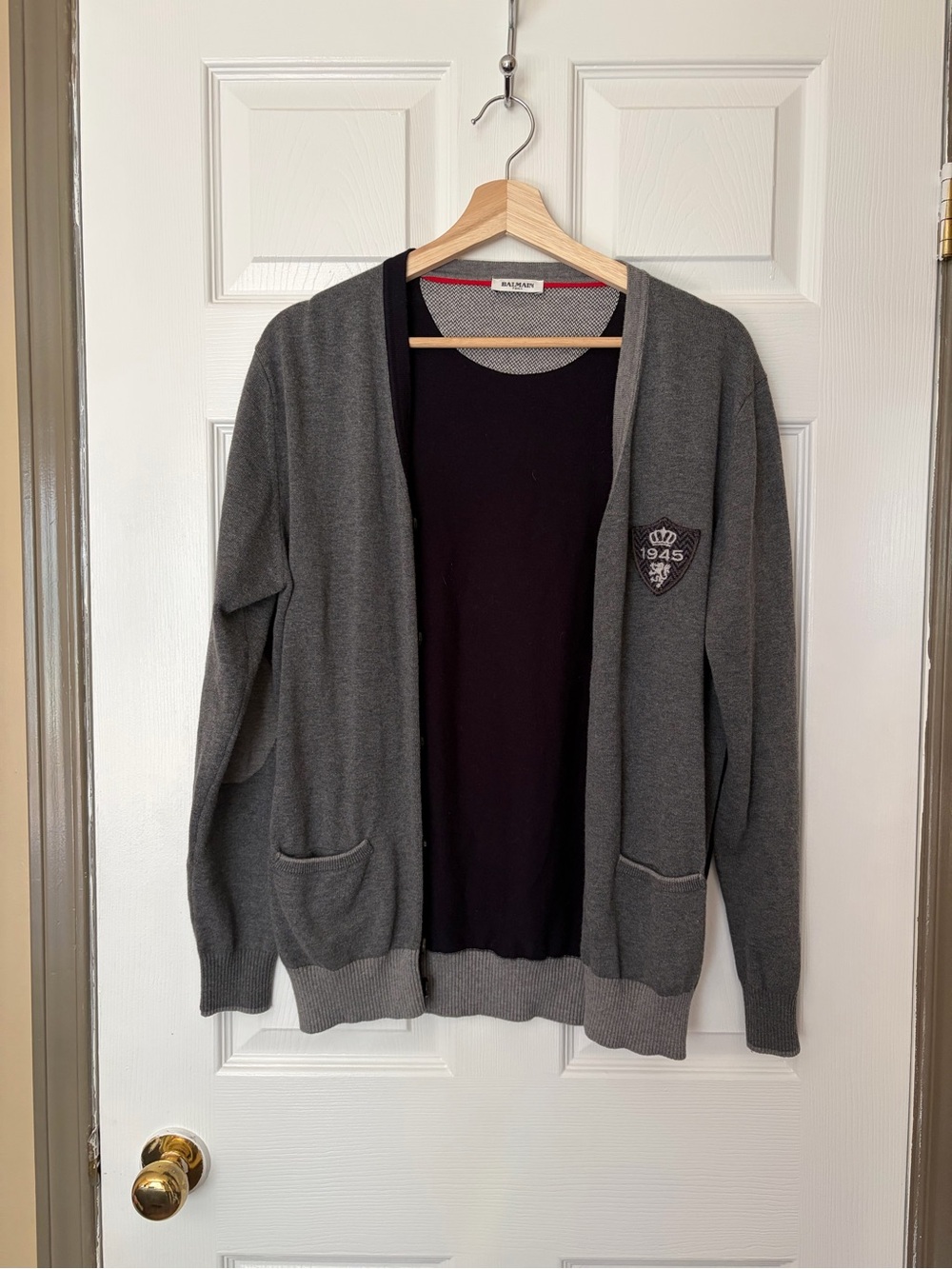 Balmain Men's Grey Cardigan with Crest